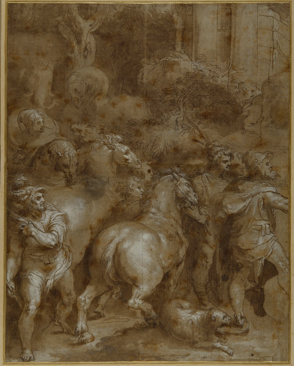 Chevaux et hommes, tournés vers la droite - Taddeo Zuccaro