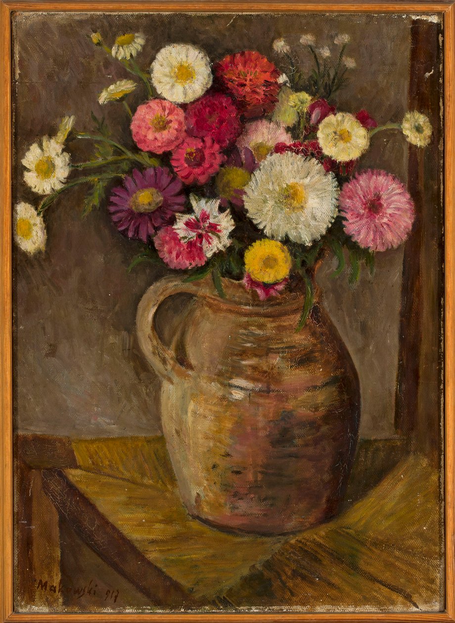 Asters et zinnias dans une cruche en terre cuite - Tadeusz Makowski