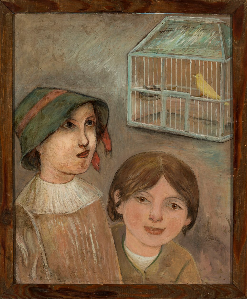 Deux fillettes sous une cage avec un canari - Tadeusz Makowski