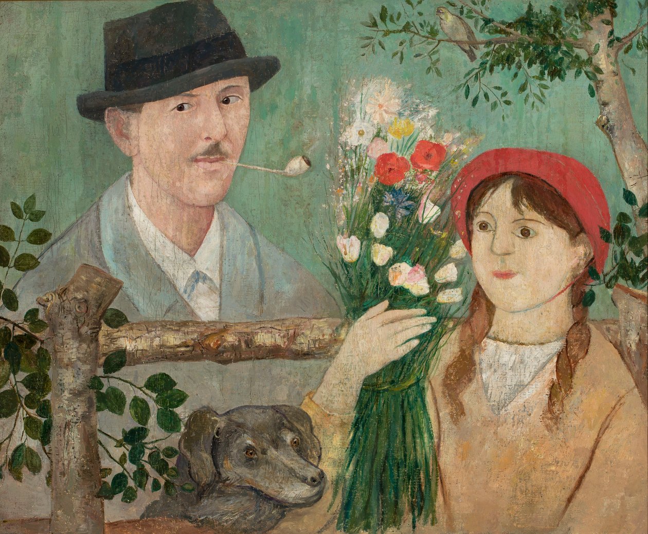 Idylle près de la clôture (Autoportrait, jeune fille avec des fleurs et un chien) - Tadeusz Makowski