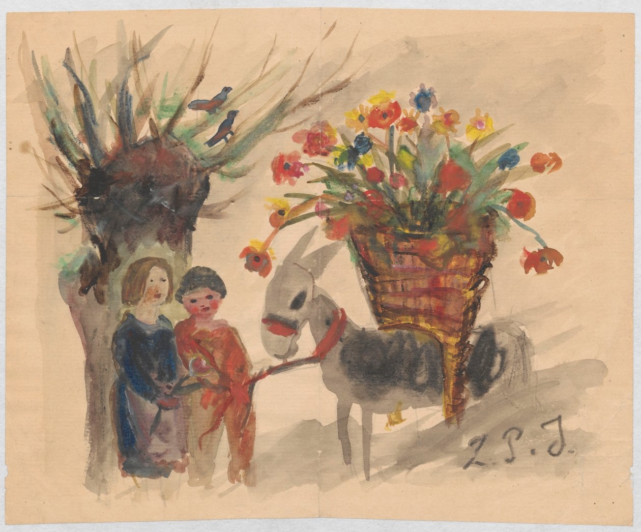 Carte de fête pour Maria Mickiewiczówna, avec un dessin représentant deux enfants menant un âne chargé d