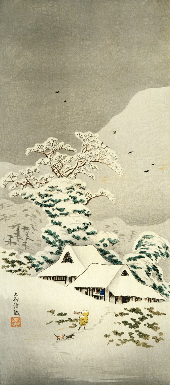 Scène de neige à Sawatari dans le district de Joshu, vers 1930, gravure sur bois en forme de o-tanzaku, civilisation japonaise, période Meiji-Showa - Takahashi Shotei