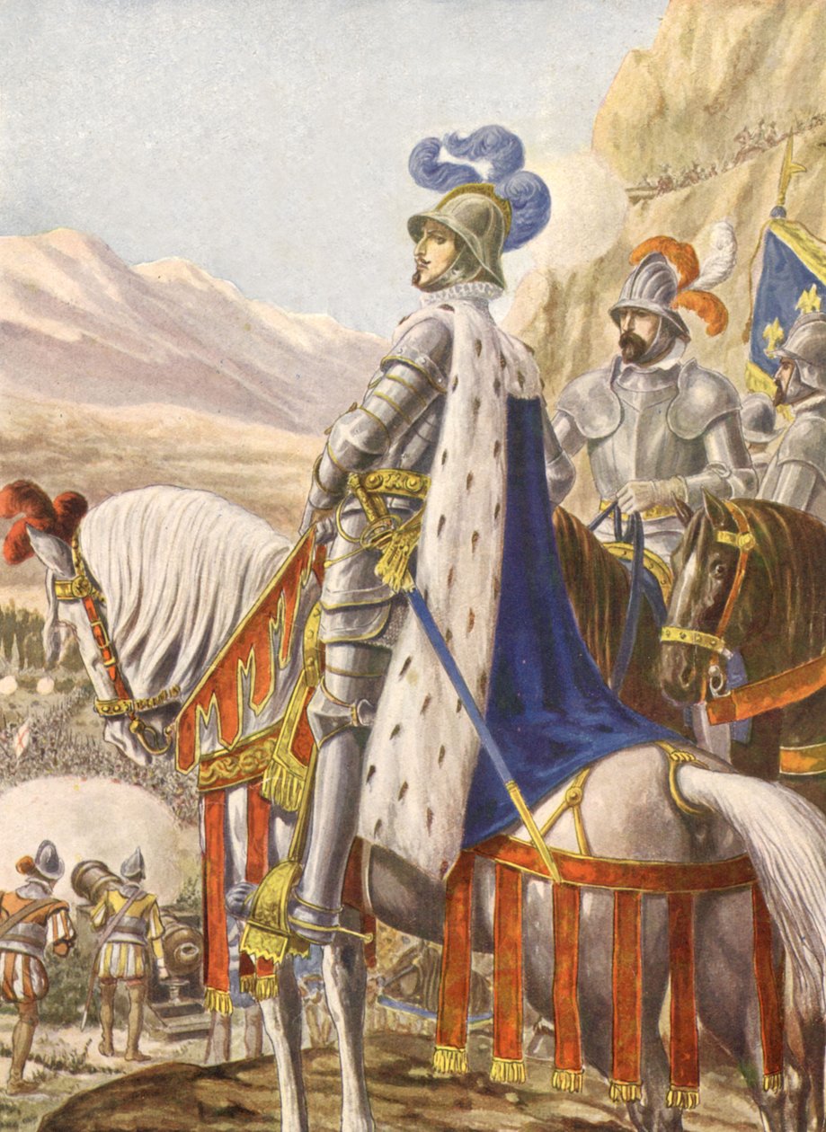 François 1er de France lors de la bataille de Marignan en 1515, illustration, années 30 - Tancredi Scarpelli