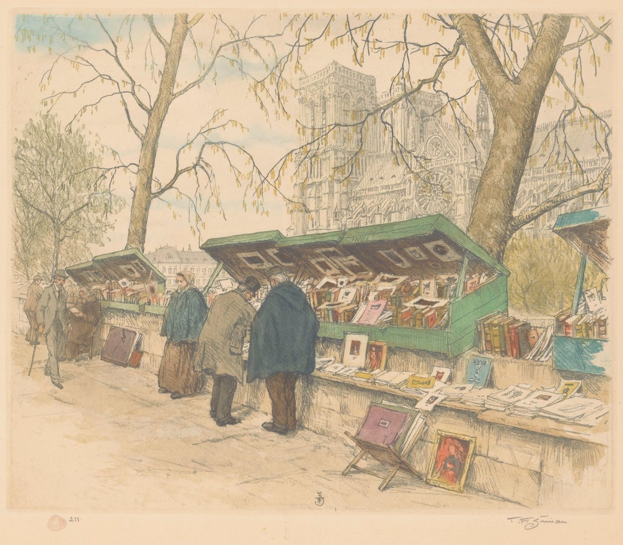 Étal de livres sur le Quai de Montebello, avec Notre-Dame en arrière-plan - Tavík František Šimon (signed by artist)