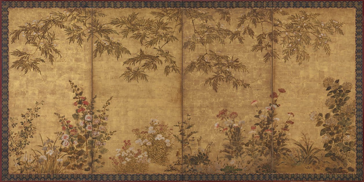 Arbre de mimosa, coquelicots et autres fleurs d