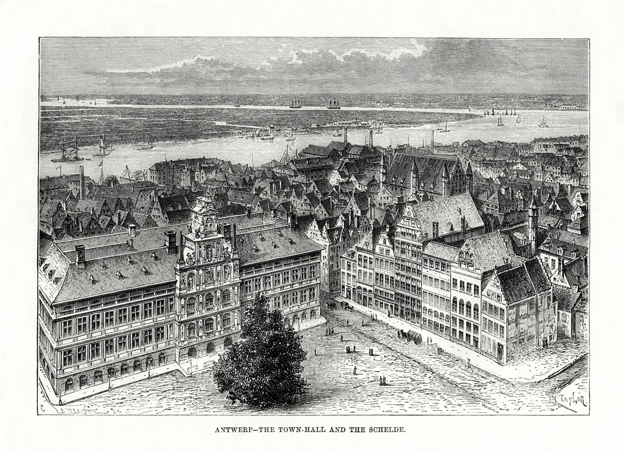 Hôtel de ville et rivière Escaut, Anvers, Belgique, 1879 - Taylor