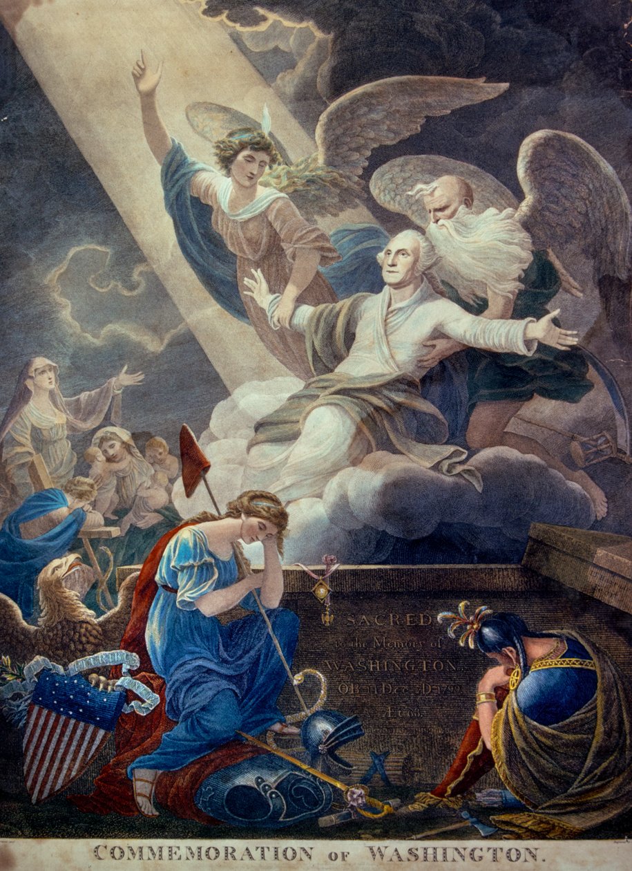 Gravure en couleurs de la gloire de George Washington élevée au ciel par le Temps et l