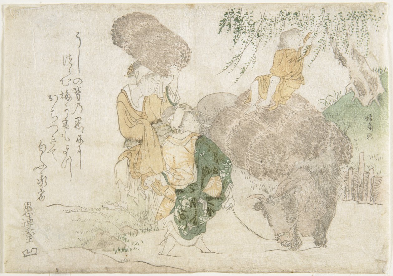 Vendeurs de bois et un enfant sur une vache - Teisai Hokuba