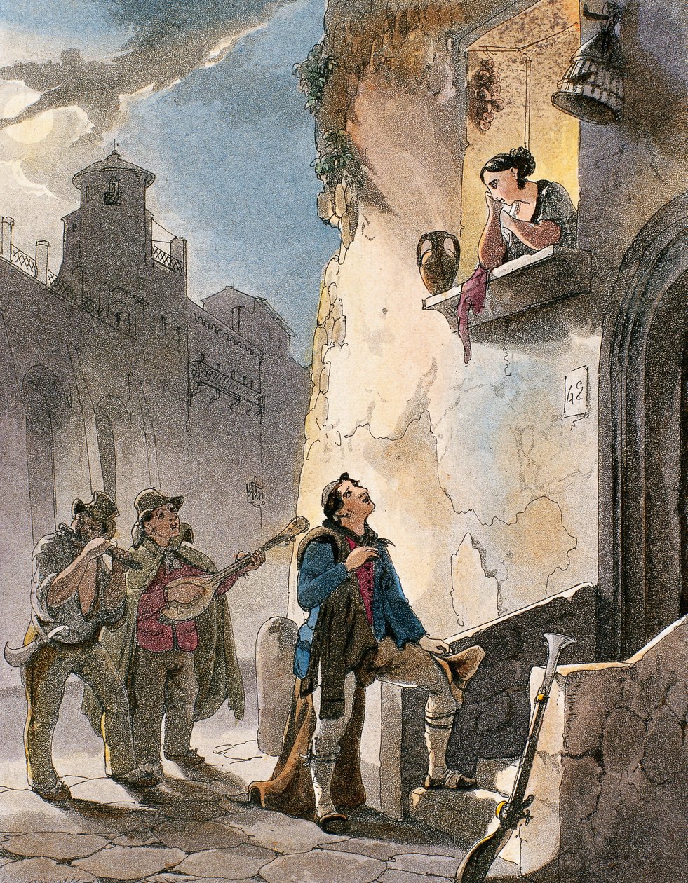 Sérénade, illustration de Costumes et scènes populaires de Naples par Achille Vianelli - Teodoro Guglielmo Witting