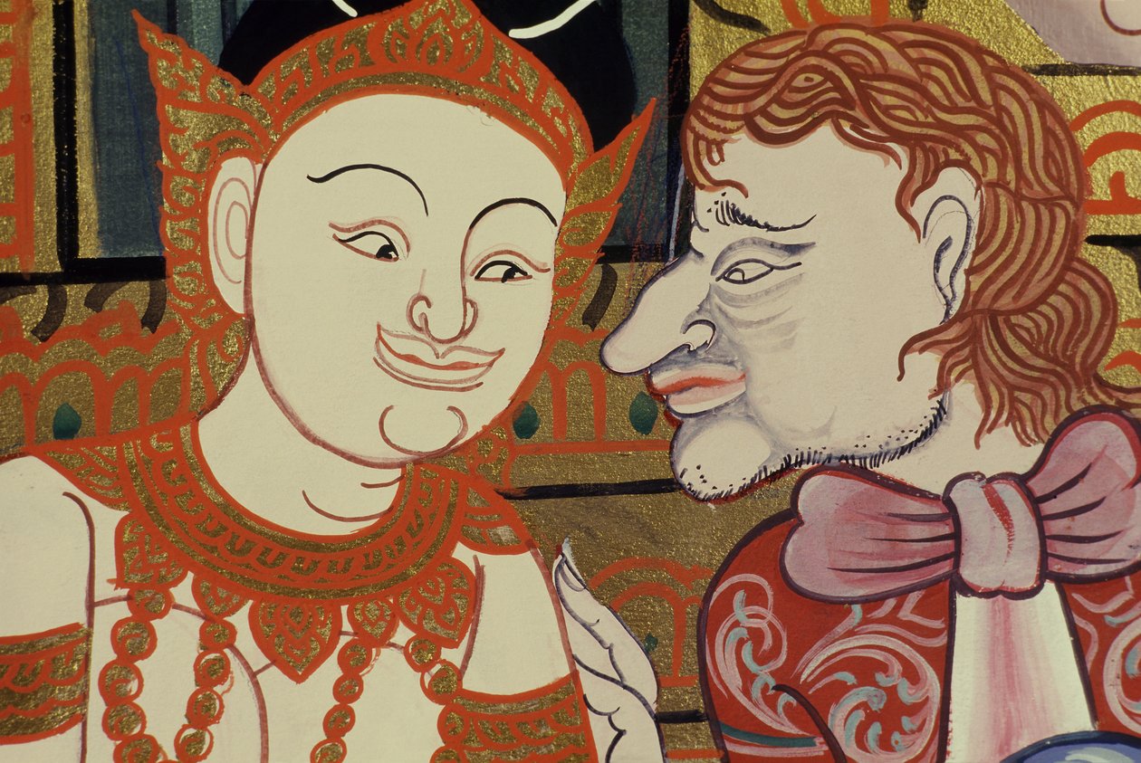 Peinture contemporaine dans le style classique montrant des Thaïlandais et des Occidentaux - Thai School