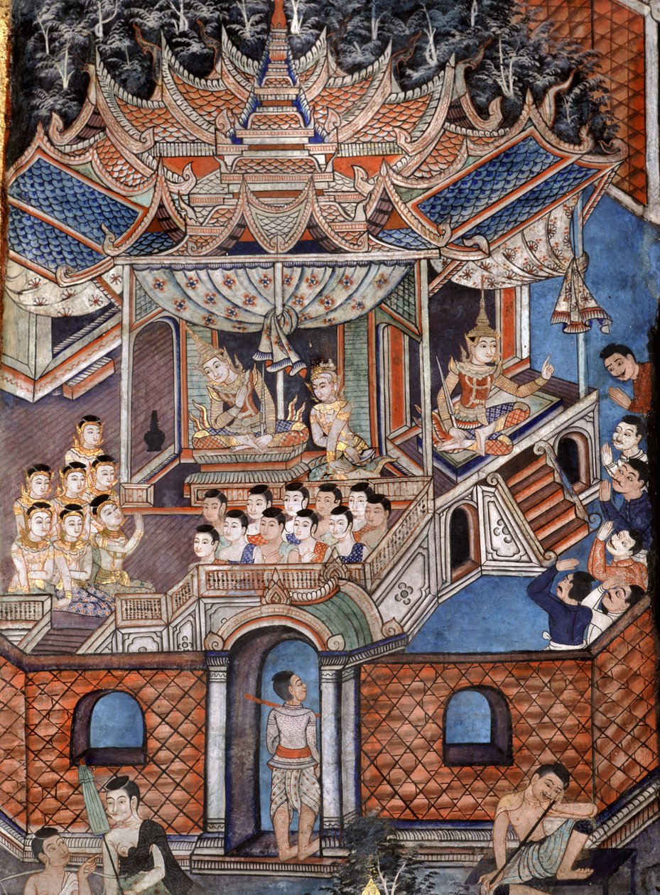(détail) peintures murales de Viharn laikam représentant les Contes de Sang Thong - Thai School