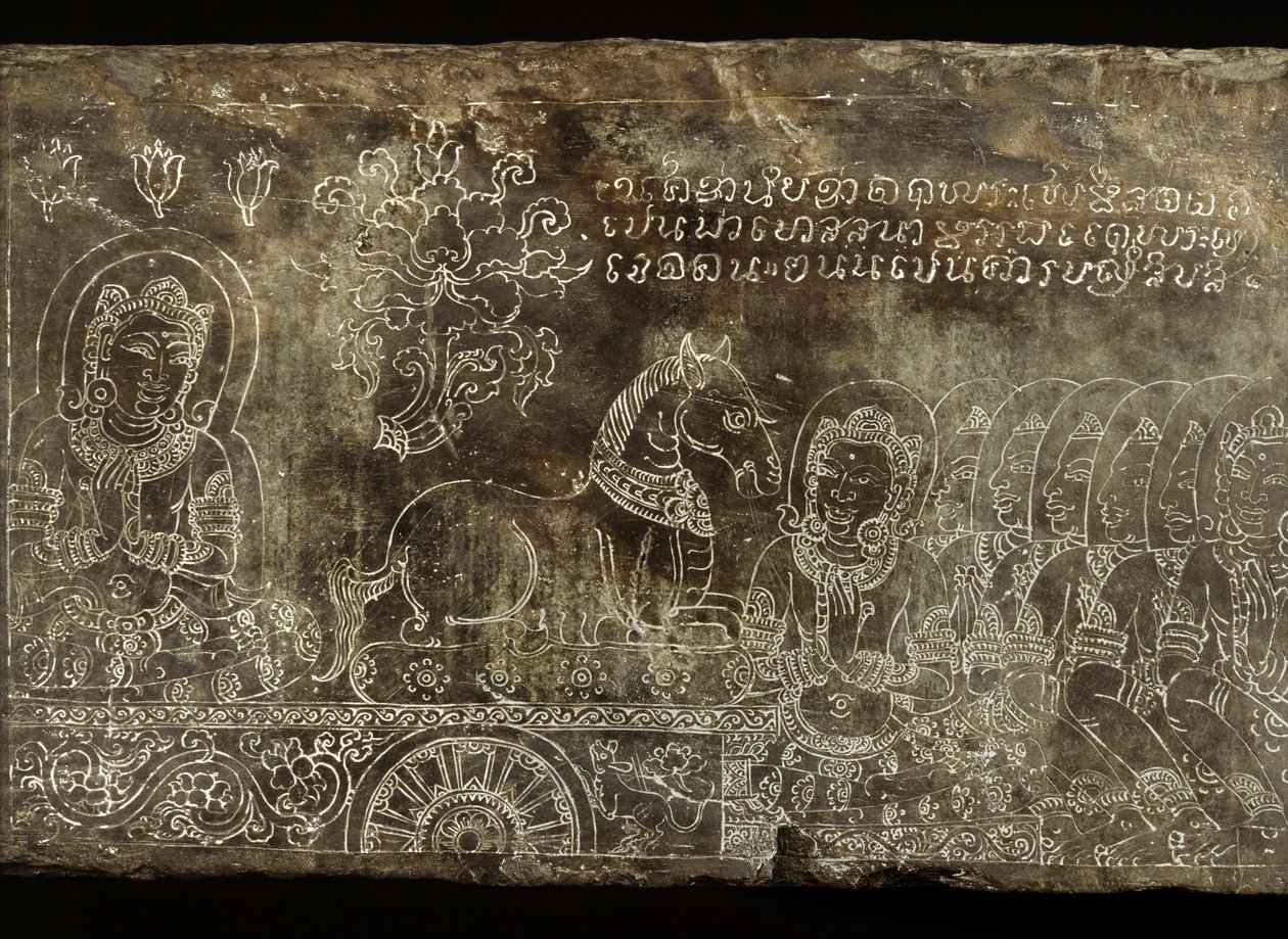 Panneau de pierre gravé représentant le conte Jataka Bhojajania, du Wat Si Chum, Sukhothai, 14e-15e siècle - Thai School
