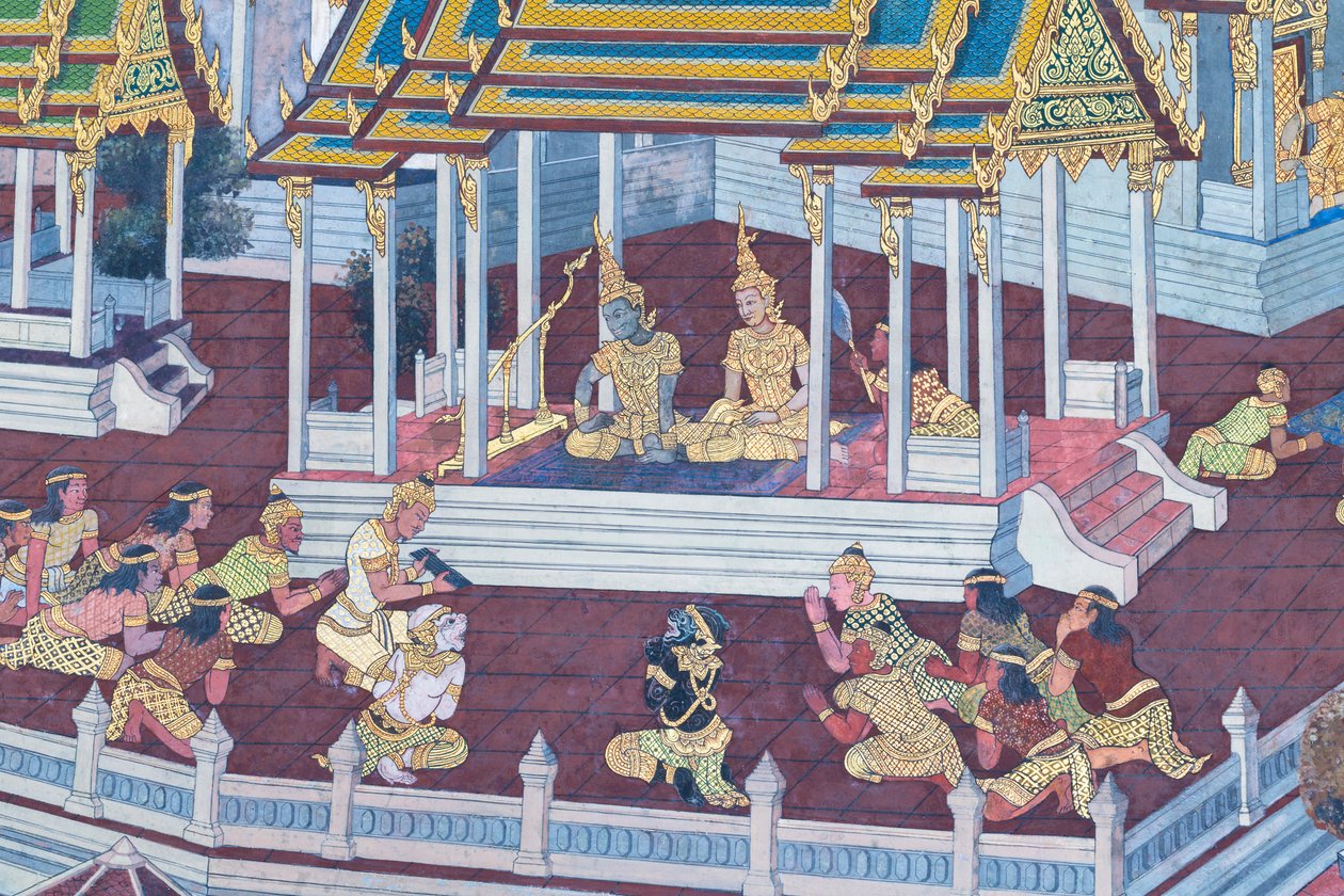 Fresque représentant des scènes du Ramayana au Wat Phra Kaeo, Palais Royal, Bangkok, Thaïlande - Thai School