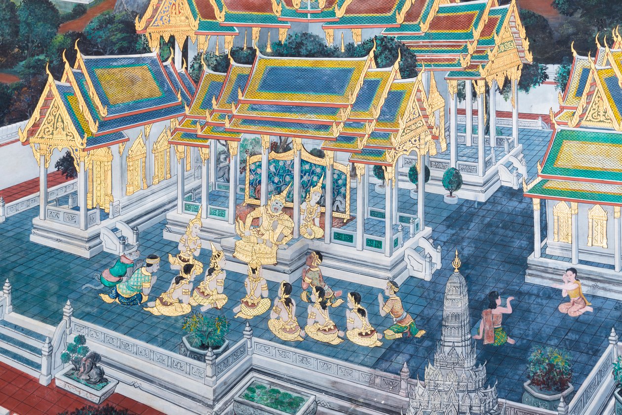 Fresque représentant des scènes du Ramayana au Wat Phra Kaeo, le Grand Palais Royal, Bangkok, Thaïlande - Thai School
