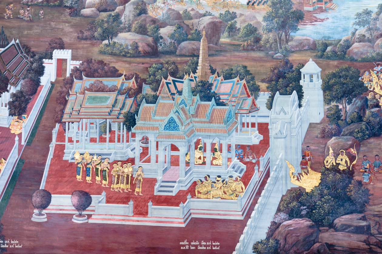 Fresque représentant des scènes du Ramayana au Wat Phra Kaeo, Palais Royal, Bangkok, Thaïlande - Thai School