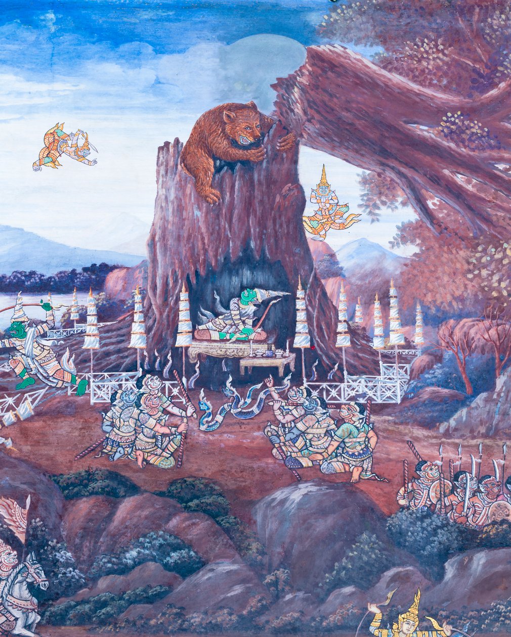 Fresque représentant des scènes du Ramayana au Wat Phra Kaeo, Palais Royal, Bangkok, Thaïlande - Thai School