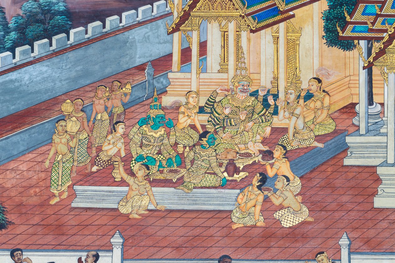 Fresque représentant des scènes du Ramayana au Wat Phra Kaeo, le Palais Royal, Bangkok, Thaïlande - Thai School