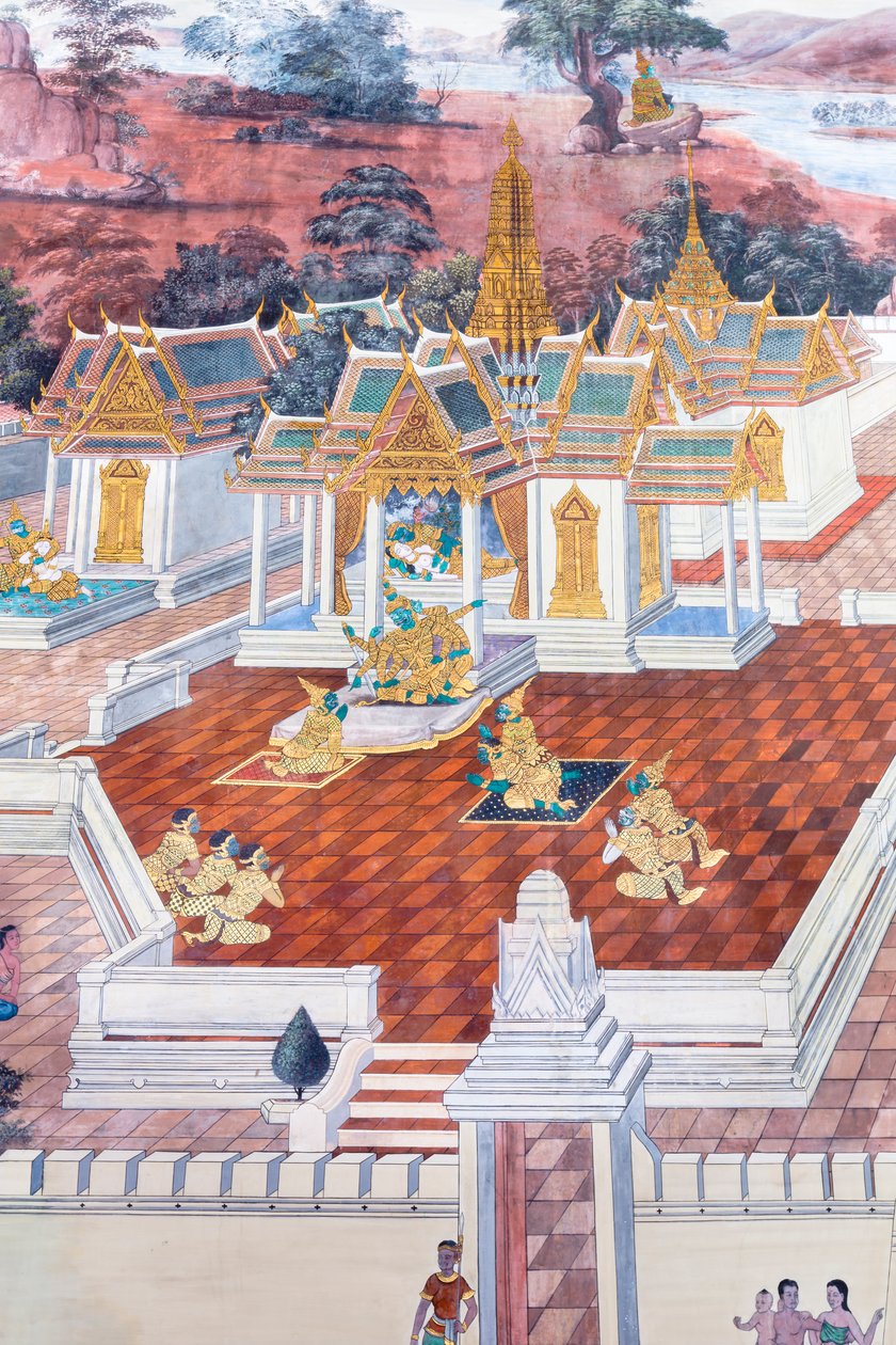 Fresque représentant des scènes du Ramayana au Wat Phra Kaeo, le Grand Palais Royal, Bangkok, Thaïlande - Thai School