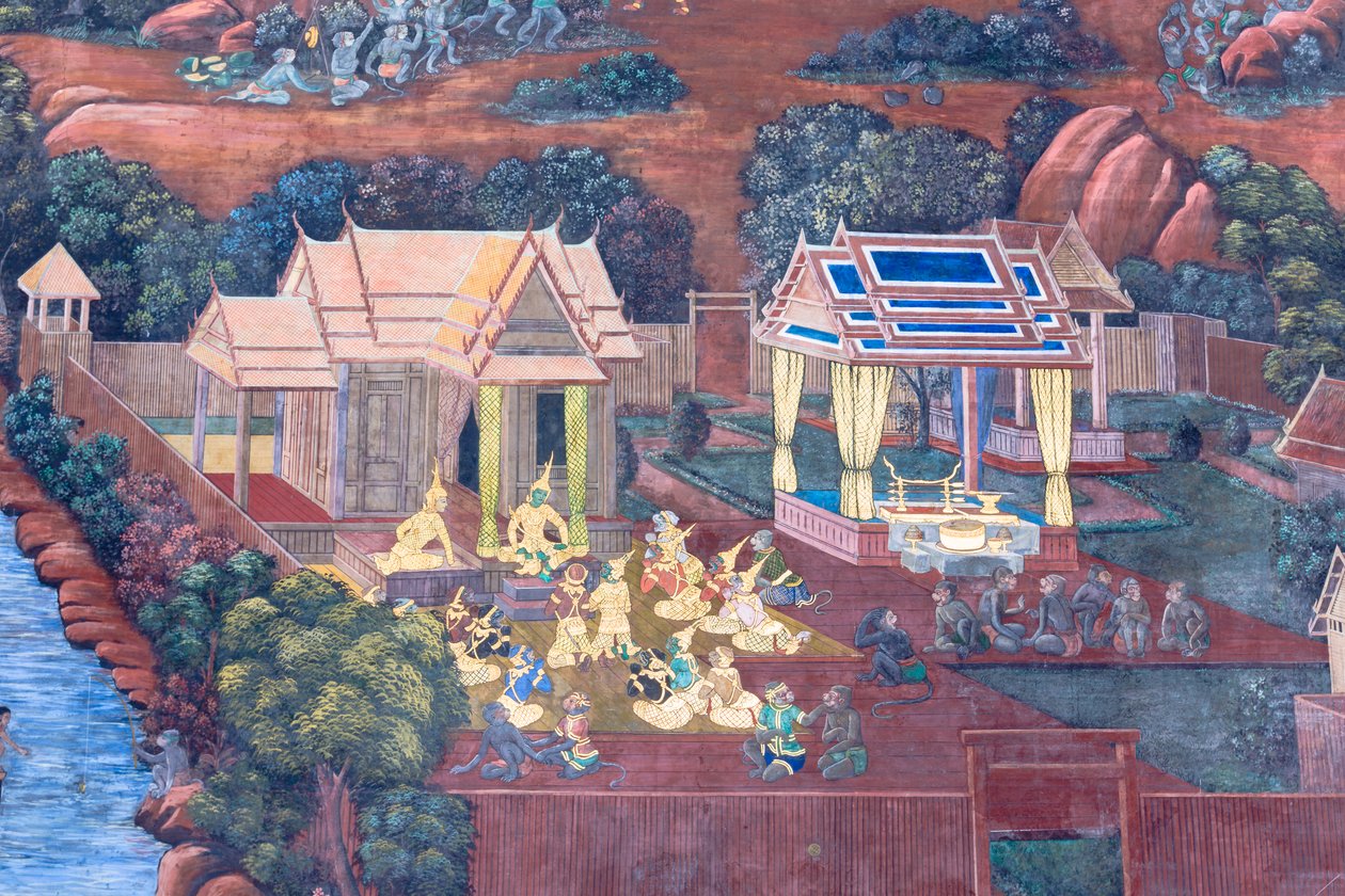 Fresque représentant des scènes du Ramayana au Wat Phra Kaeo, le Grand Palais Royal, Bangkok, Thaïlande - Thai School