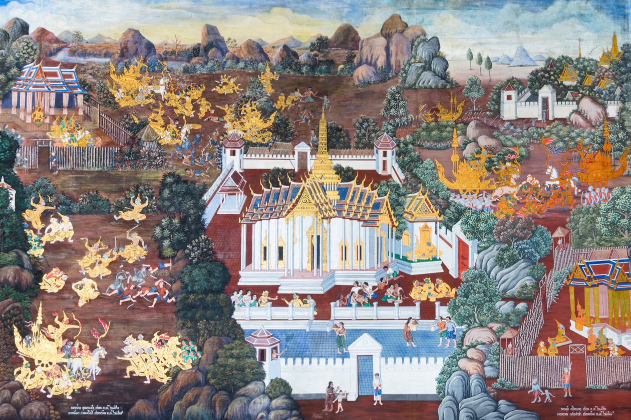 Fresque représentant des scènes du Ramayana au Wat Phra Kaeo, le Grand Palais Royal, Bangkok, Thaïlande - Thai School
