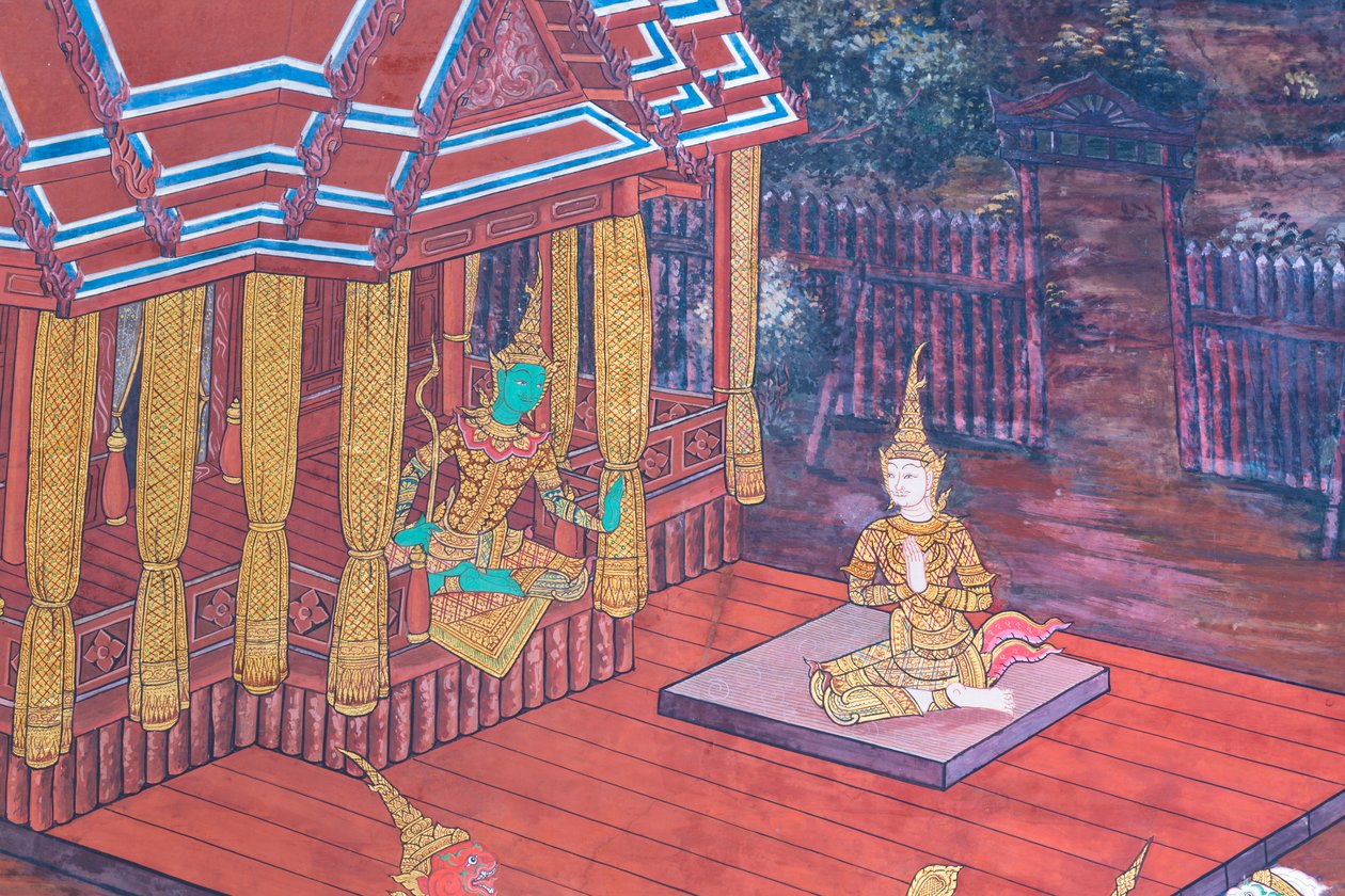 Fresque représentant des scènes du Ramayana au Wat Phra Kaeo, le Grand Palais Royal, Bangkok, Thaïlande - Thai School