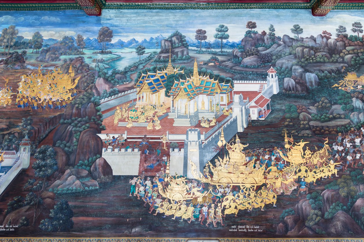 Fresque représentant des scènes du Ramayana au Wat Phra Kaeo, le Palais Royal, Bangkok, Thaïlande - Thai School