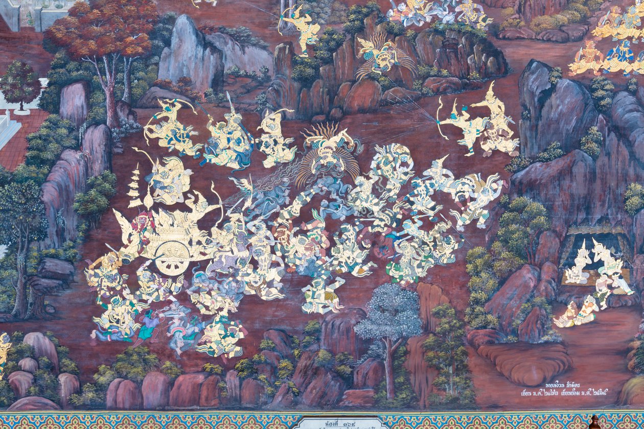 Fresque représentant des scènes du Ramayana au Wat Phra Kaeo, le Palais Royal, Bangkok, Thaïlande - Thai School
