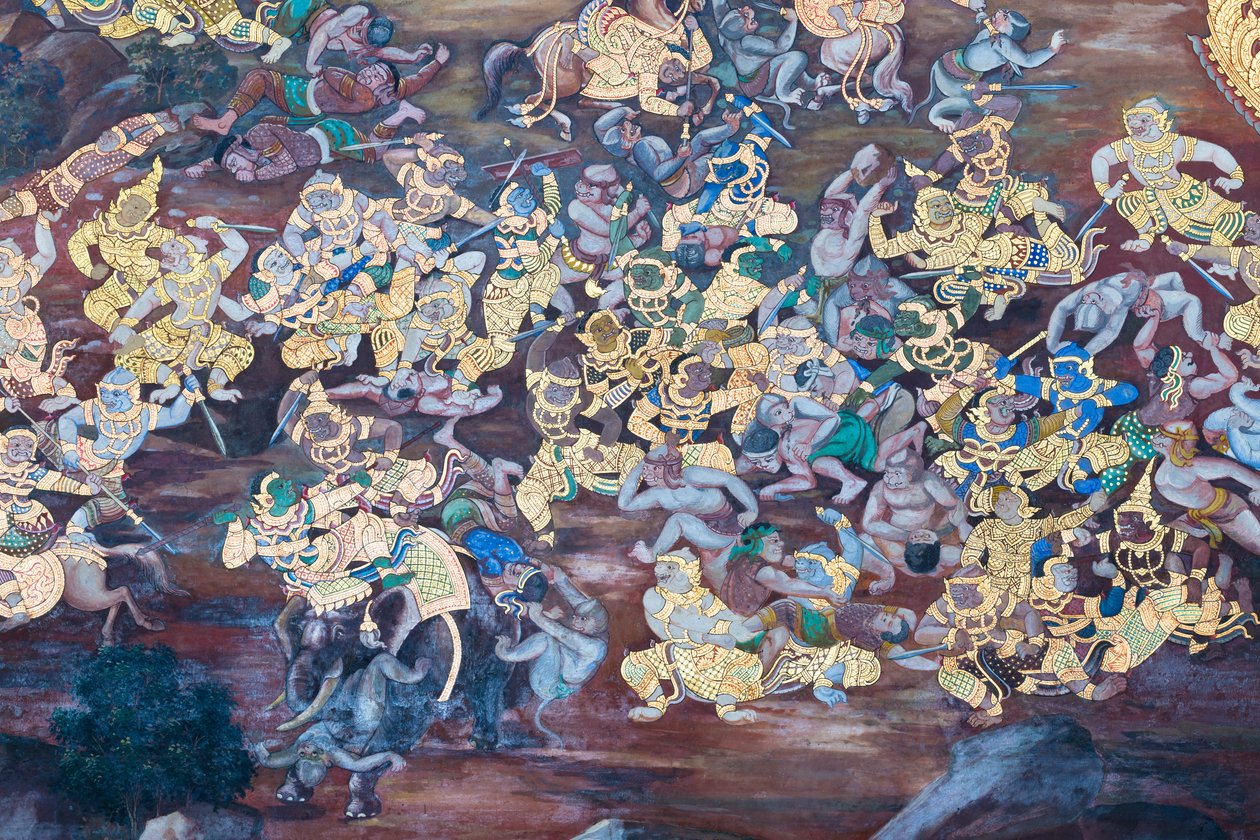 Fresque représentant des scènes du Ramayana au Wat Phra Kaeo, le Palais Royal, Bangkok, Thaïlande - Thai School
