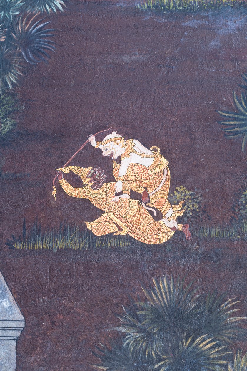 Fresque représentant des scènes du Ramayana à Wat Phra Kaeo, le Grand Palais Royal, Bangkok, Thaïlande - Thai School