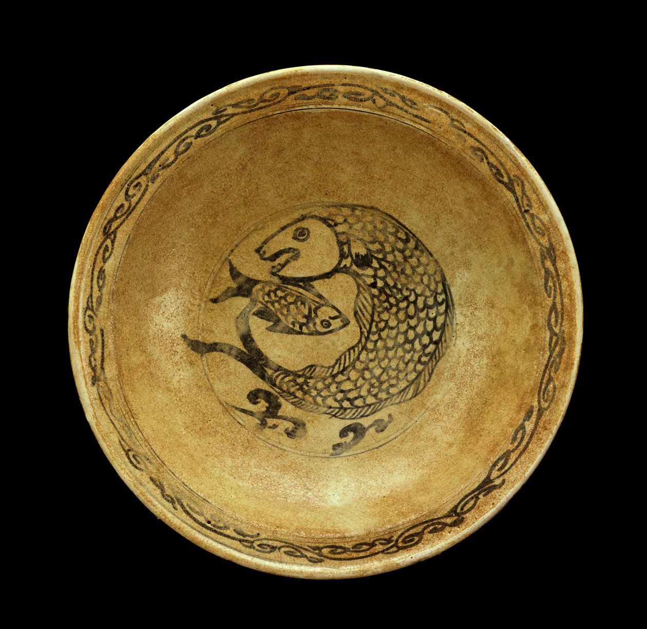 Plat en grès avec motif de poisson, période Sukhothai - Thai School