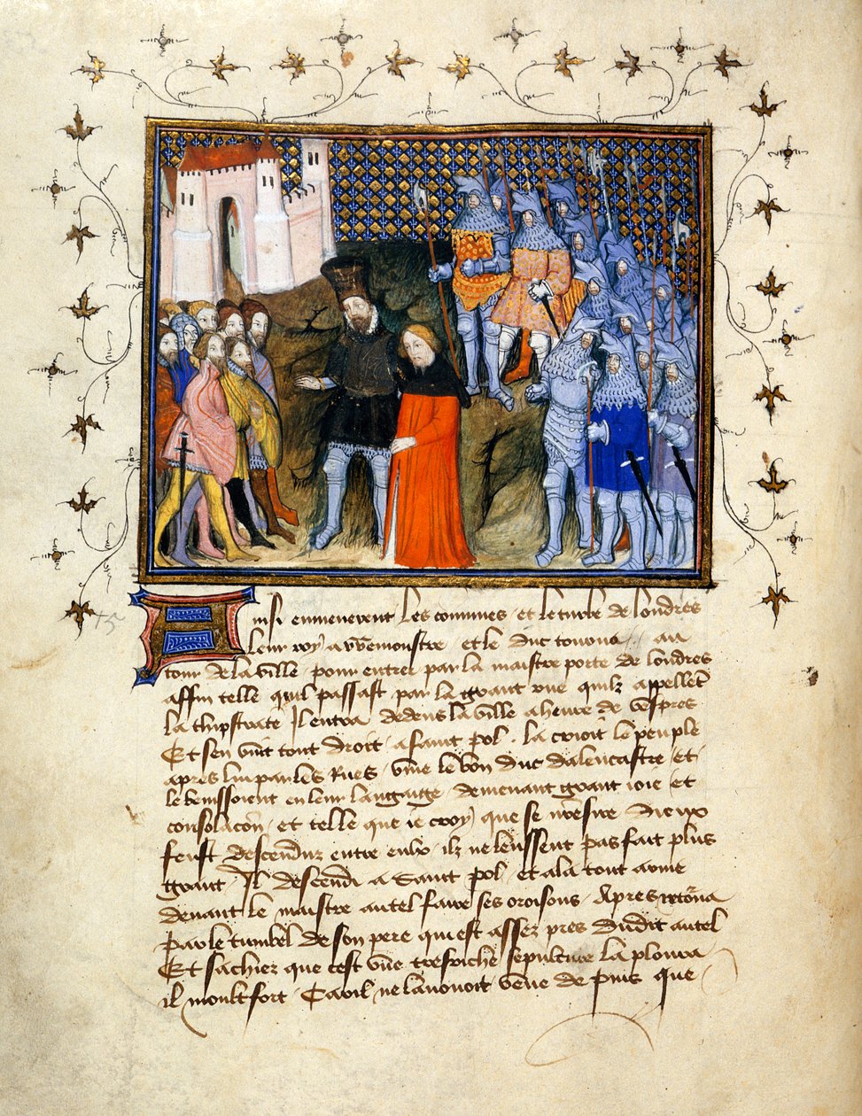 (Folio entier) Le roi Richard II, captif mené à Londres par Henry Bolingbroke, renonce au trône; bordure décorée avec texte en dessous. - The Virgil Master