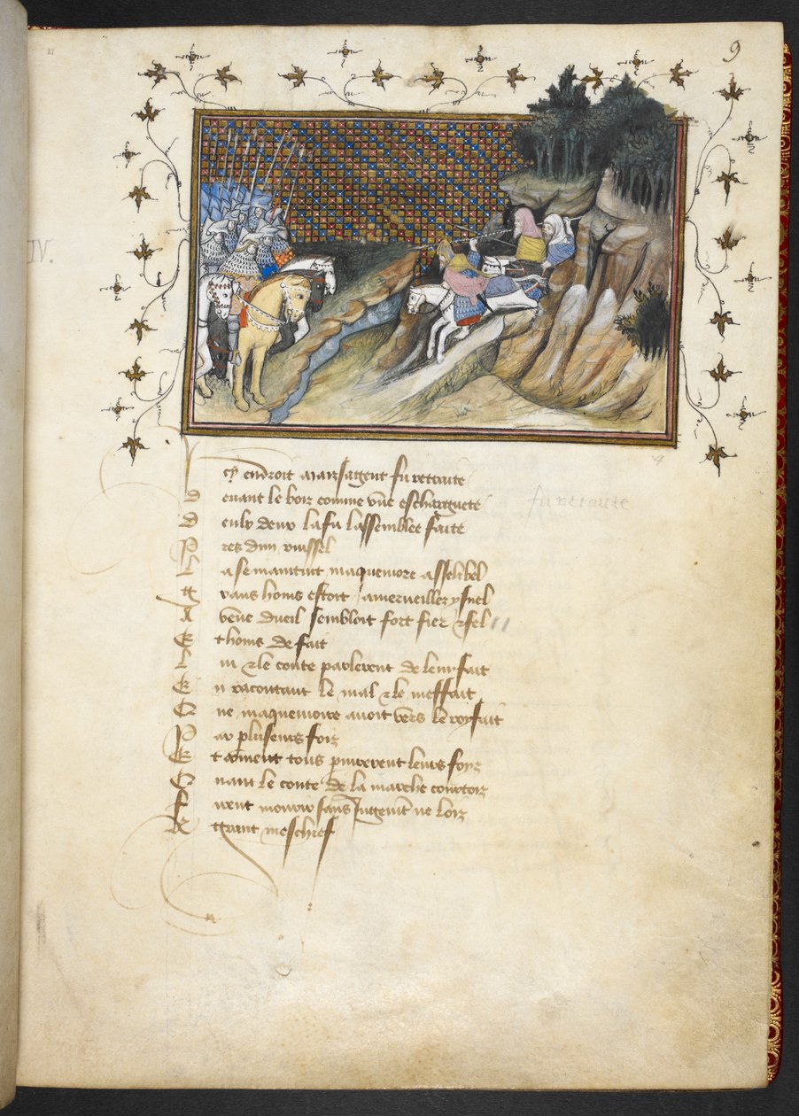 MacMorogh, le chef irlandais, approchant le duc de Gloucester, MS Harley 1319, f.9r - The Virgil Master