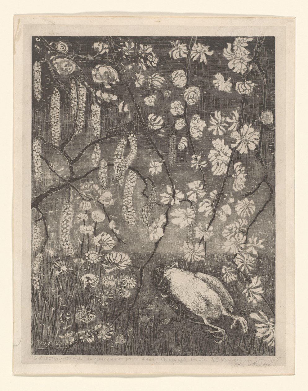 Oiseau mort sous des branches de noisetier et de chèvrefeuille - Theo van Hoytema