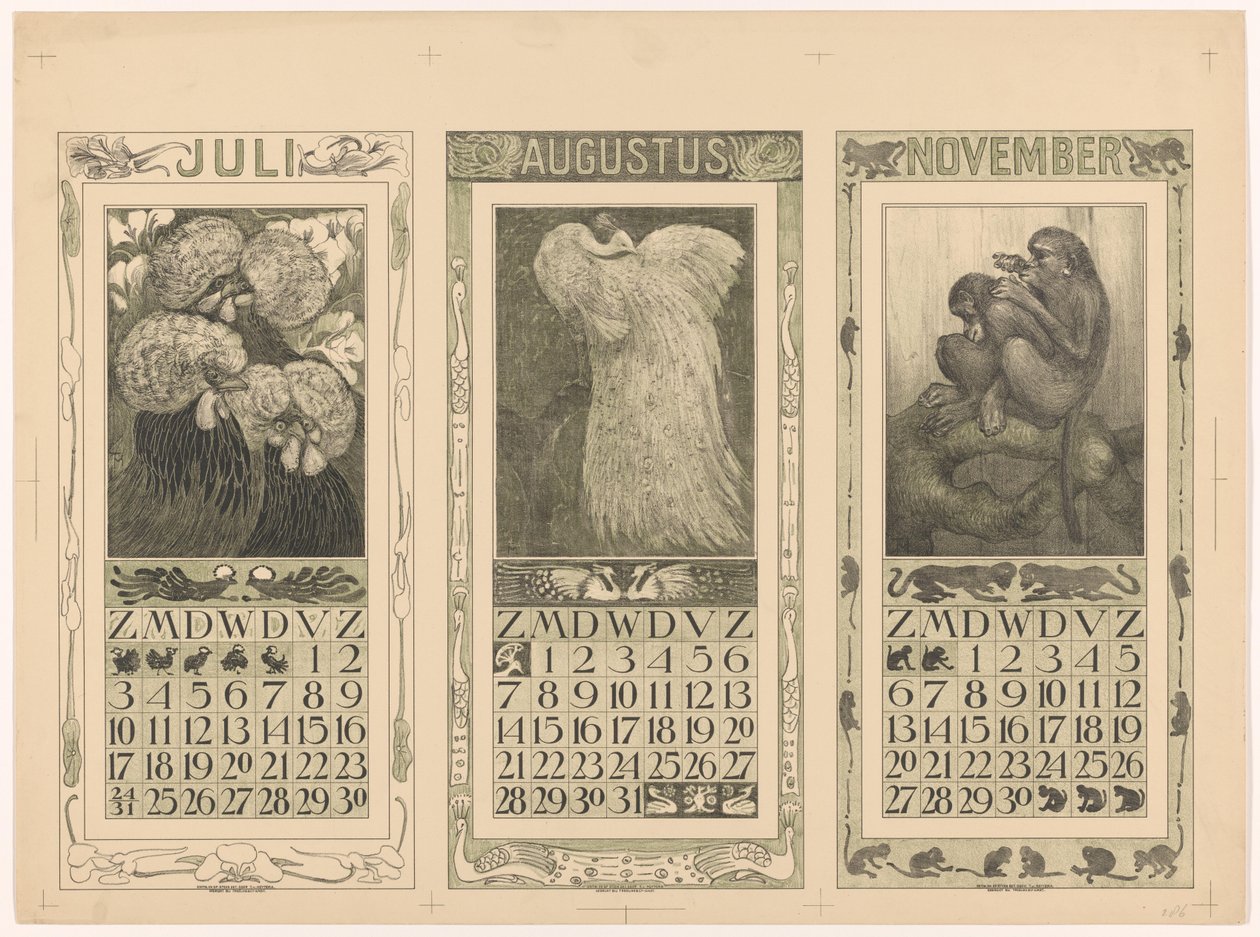 Calendriers pour juillet, août et novembre 1910 - Theo van Hoytema