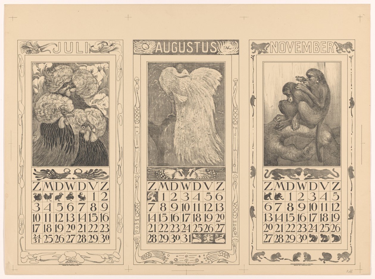 Calendriers pour juillet, août et novembre 1910 - Theo van Hoytema