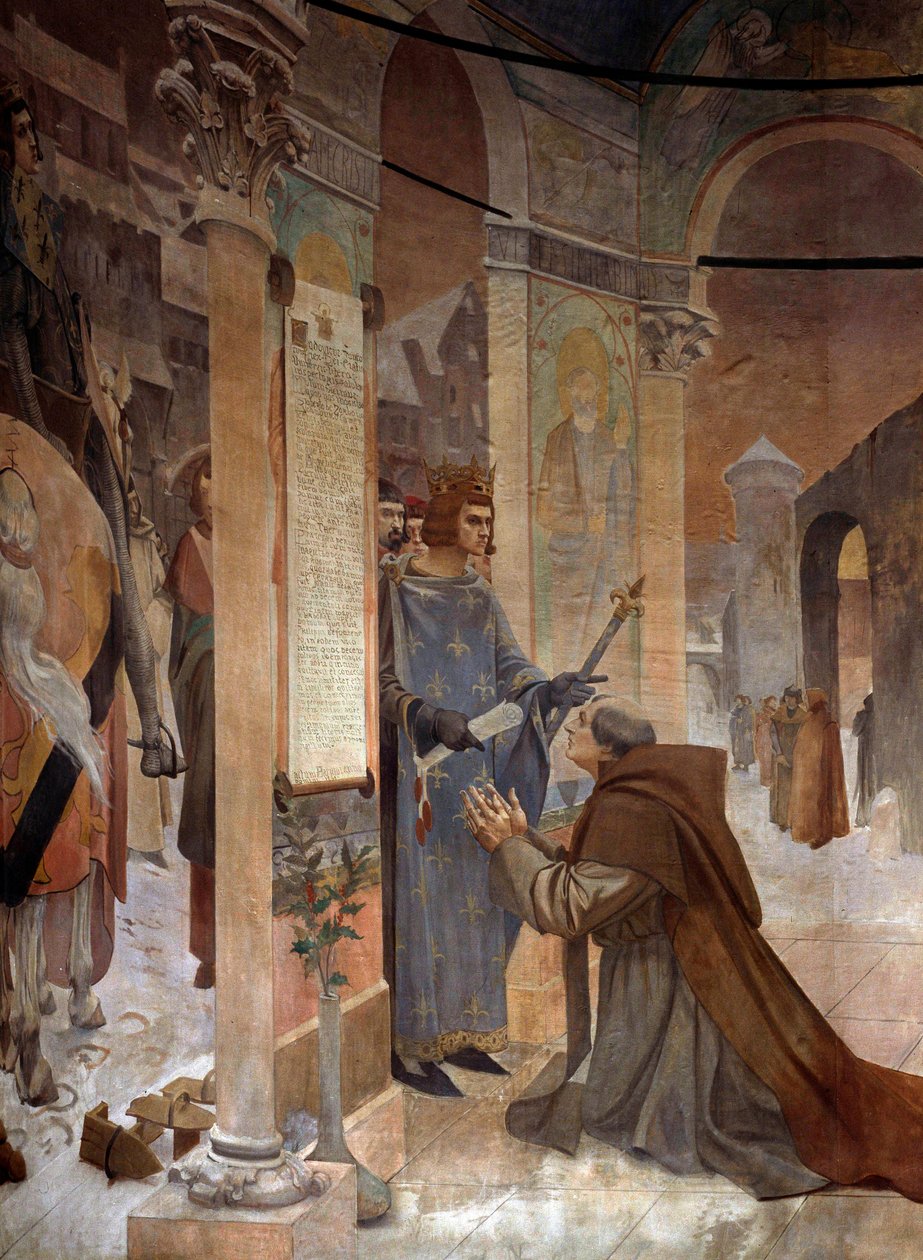 Le roi Louis IX (Saint Louis) présente la Charte de Fondation du Collège de Sorbonne à Robert de Sorbon (1201-1274) son confesseur en 1257 - Theobald Chartran