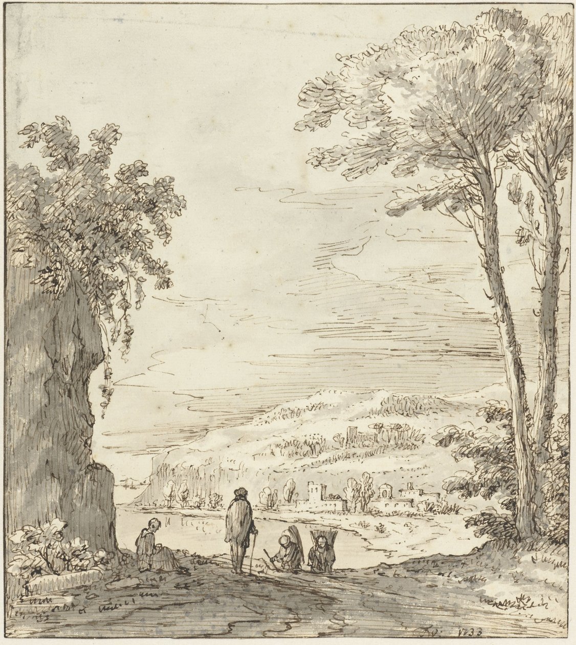 Paysage fluvial italien avec promeneurs près d