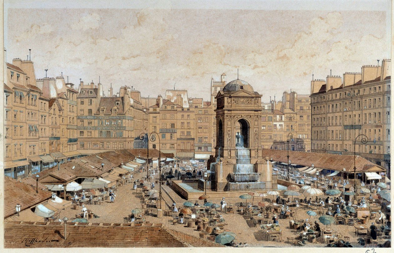 Vue de la Marche et de la fontaine des Innocents à Paris au XIXe siècle. Aquarelle de Théodore Joseph Hubert Hoffbauer (1839-1922) 19e siècle Paris, musée Carnavalet - Theodor Josef Hubert Hoffbauer