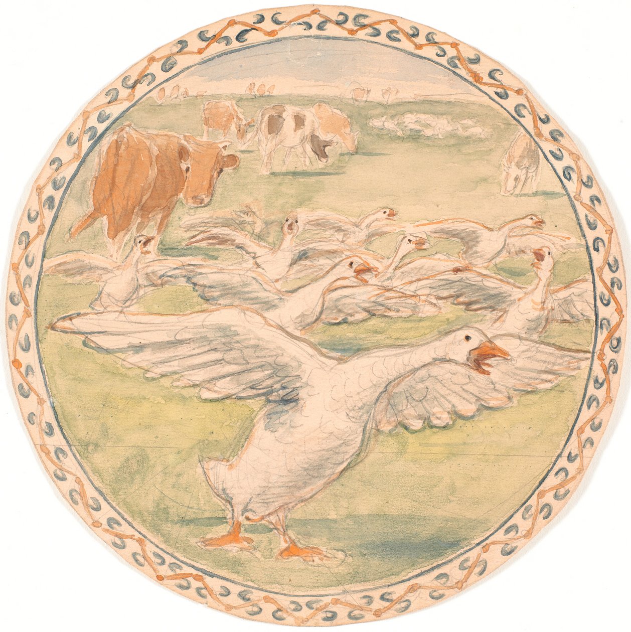 Vaches paissant et oies criant (esquisse pour un plat en céramique) - Theodor Philipsen