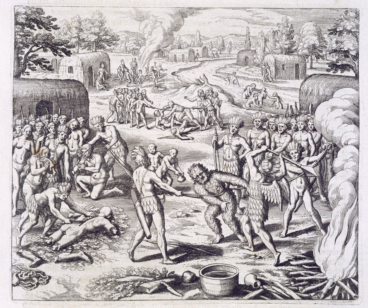 Bataille entre les tribus Tuppin, tiré de "Newe Welt und Americanische Historien" de Johann Ludwig Gottfried, publié par Mattaeus Merian, Francfort. - Theodor de (after) Bry