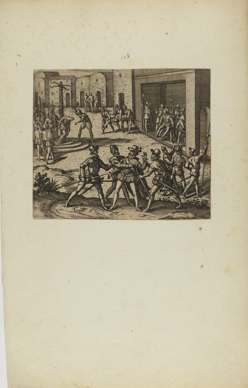 (Jacobus Almagrus a Ferdinando Pizarro Invincula Coniicitur in Carcere....) (extrait du livre Americae, sixième partie) - Theodor de Bry