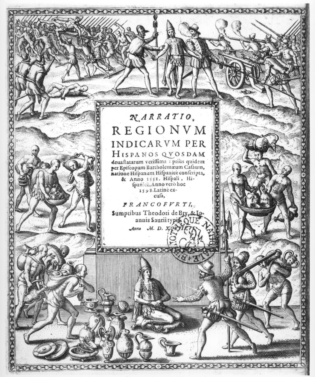 Bartholome de Las Casas (1474-1566) condamnant les traitements cruels infligés aux Indiens par les conquistadors, extrait de la "Narratio Regionum Indicarrum per Hispanos" (gravure) (photo n/b) - Theodor de Bry