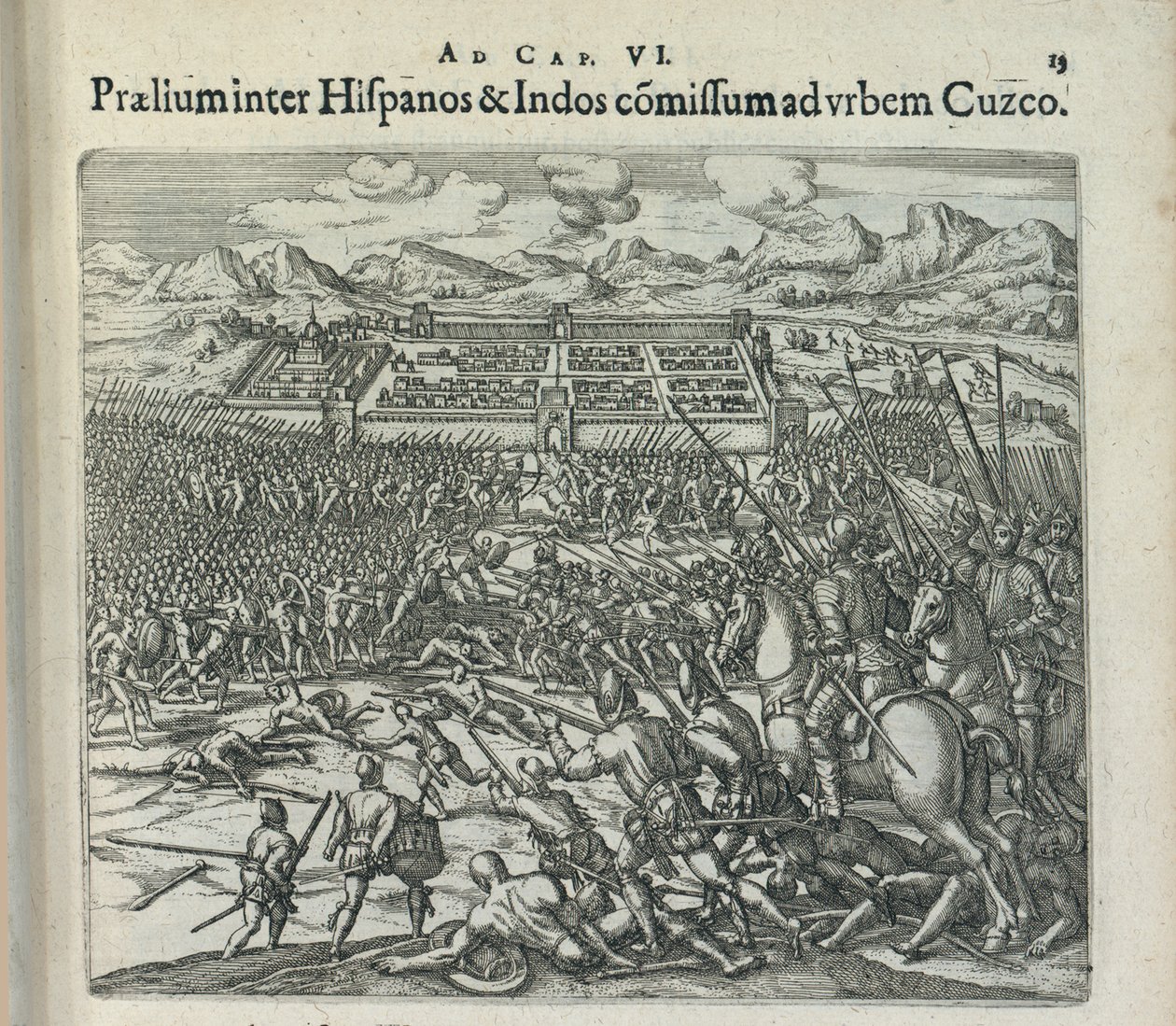 Bataille entre les Espagnols et les Indiens aux portes de Cuzco, 1596 - Theodor de Bry