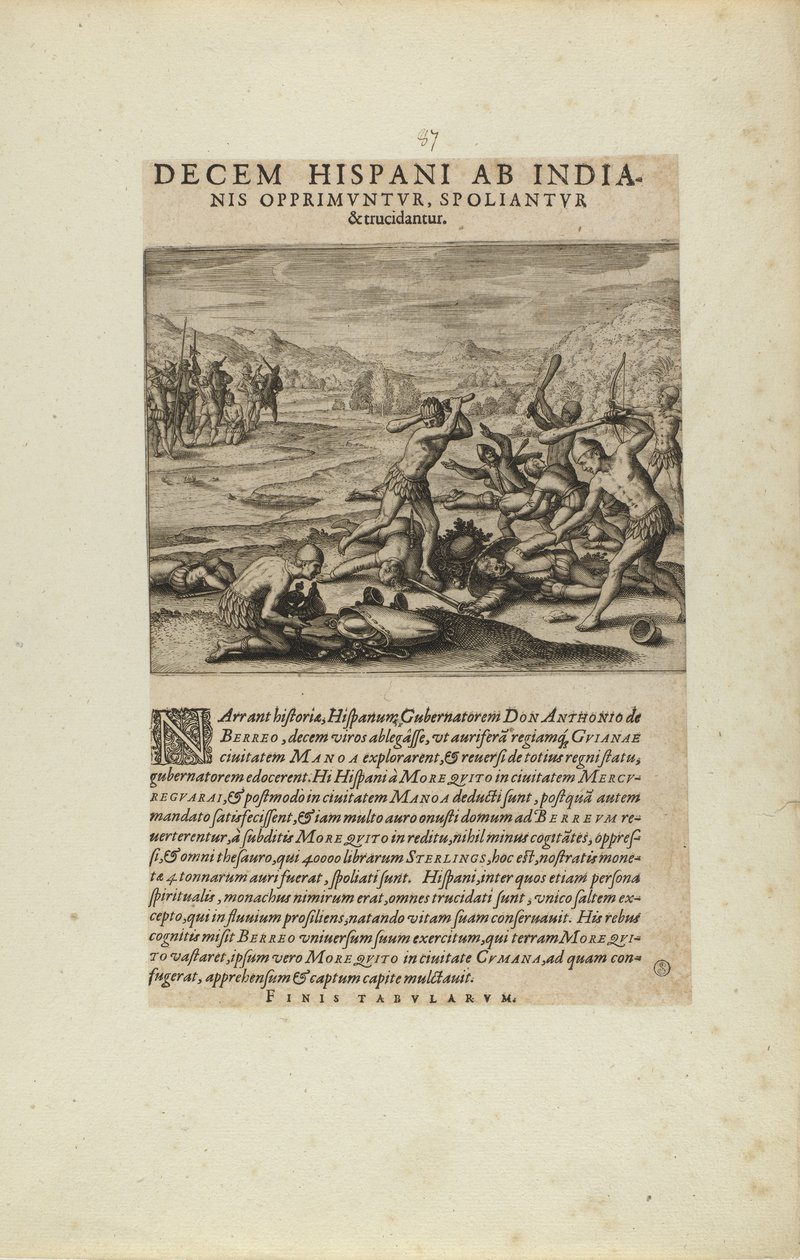 Decem Hispani ab India-/nis Opprimuntur, Spoliantur/and Trucidantur. (extrait du livre Americae, parties sept et huit) - Theodor de Bry