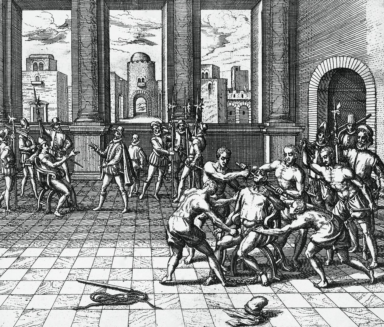 Empereur Inca Atahualpa étranglé par les troupes de Pizarro, 26 juillet - Theodor de Bry