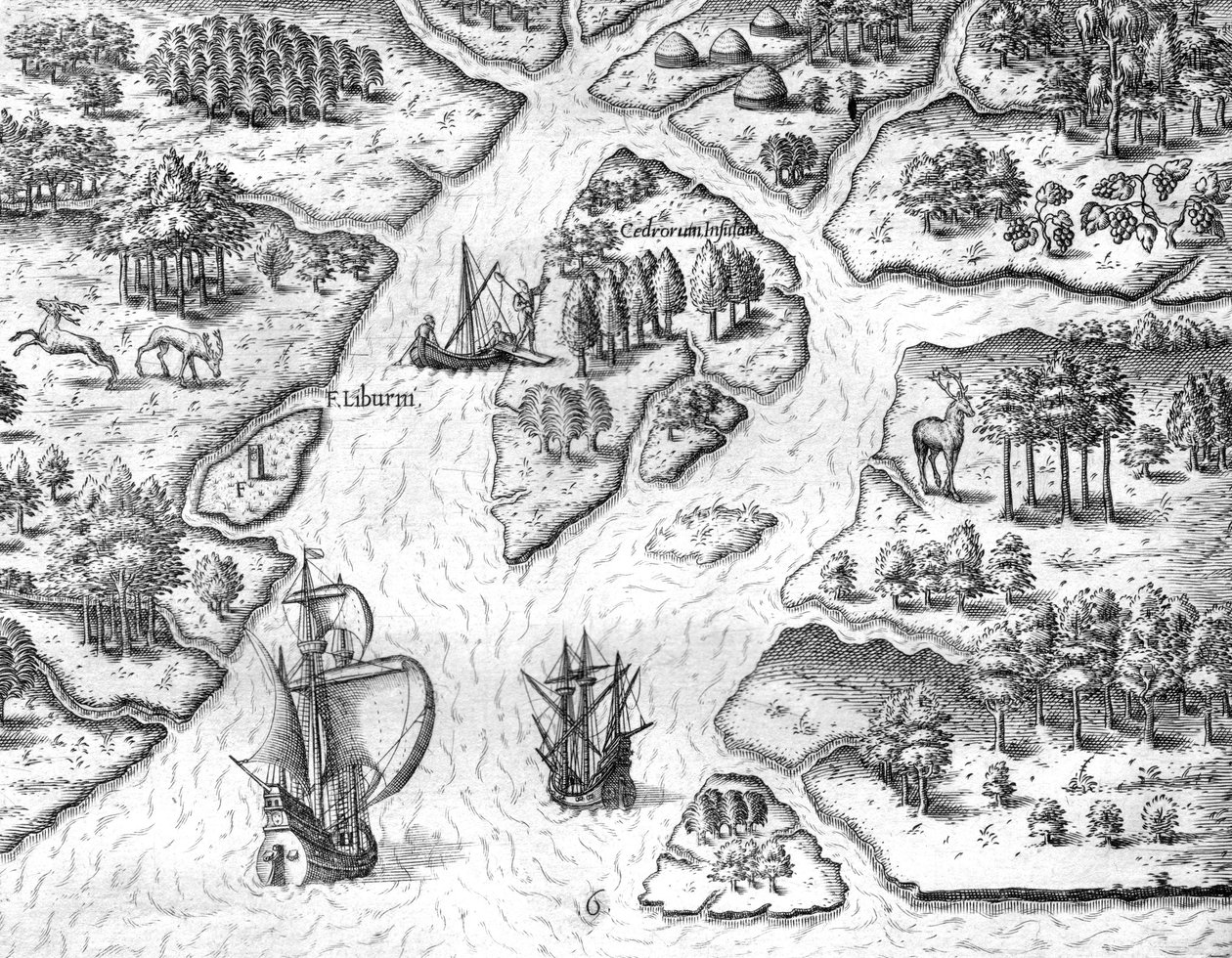 Jean Ribault érige une colonne portant les armes du roi de France à Charlesfort - Theodor de Bry