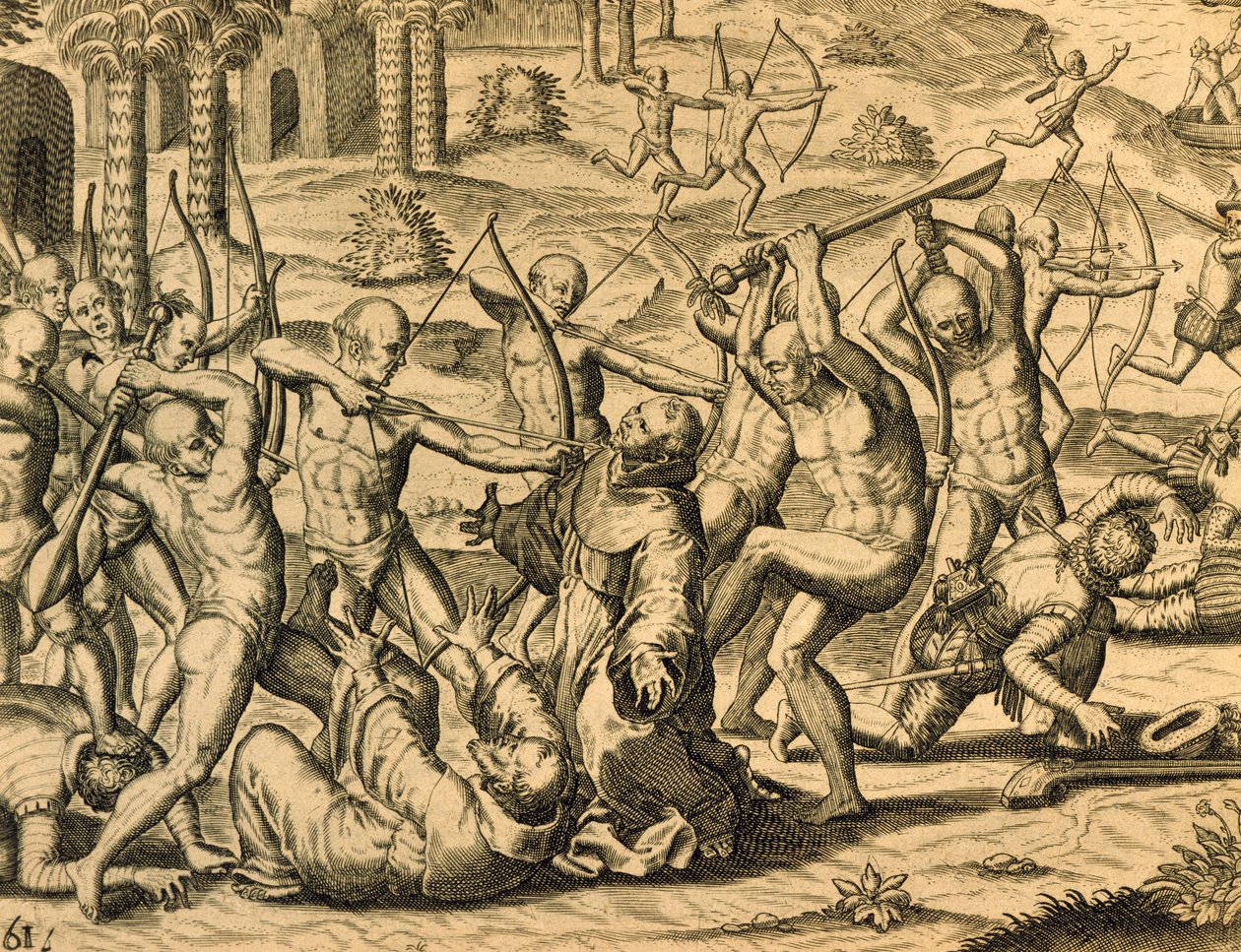 Martyr des moines missionnaires en Amérique du Sud, gravure de Historia americae, par Theodor de Bry (1528-1598), Francfort - Theodor de Bry