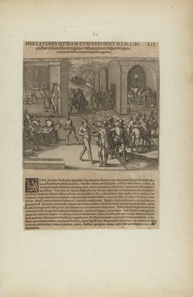 Mercatores Quidam cum Deessent Illis Cibi/Quibus Vescerentur in.... (extrait du livre Americae, cinquième partie) - Theodor de Bry