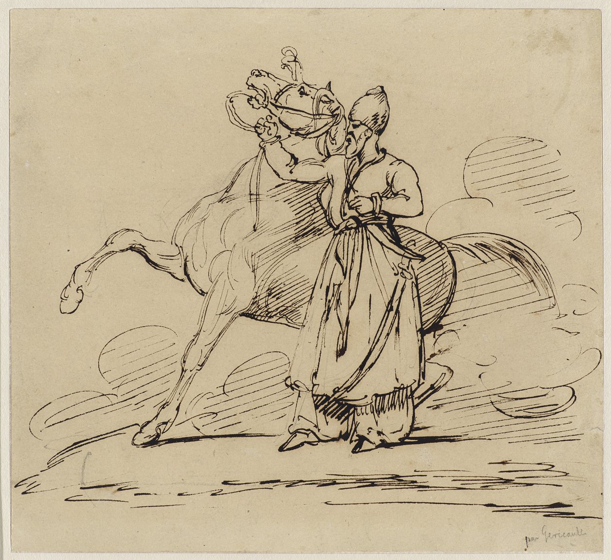 Persan tenant un cheval, vers 1817-22 (plume et encre brune avec traces de graphite sur papier vélin) - Theodore Gericault