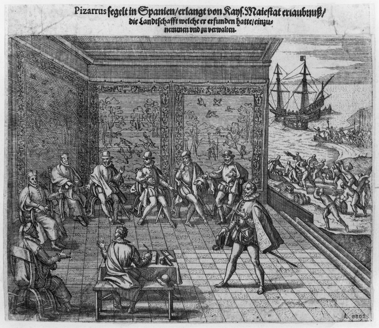 Francisco Pizarro demandant le soutien de la cour impériale pour le gouvernement du Pérou - Theodore de Bry